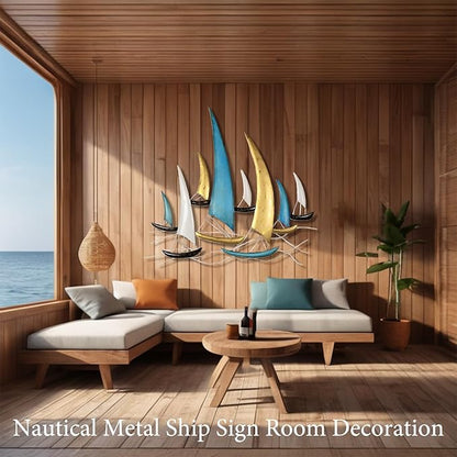 edaknez Large Metal Ship Wall Art, Metal Sailboat Wall Decor, Coastal Nautical Wall Art Decor, 3D Boat Wall Hanging, for Living Room Bedroom Indoor Outdoor (Modern Color)