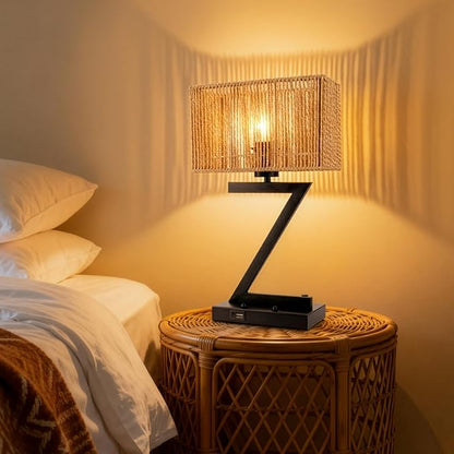 Touch Control Table Lamp, Black Z-Style : 3-Way Dimmable Desk Lamp with USB C & USB A Ports, Bedside Lamp with Phone Stand for Office, Bedroom, Living Room, Includes LED Bulb
