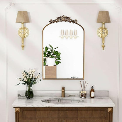 Traditional Vintage Gold Mirror, Antique Arched Mirror, Bronze Decor Wall Mirrors, Large Baroque Mirror with Aluminum Frame, Ornate Mirrors for Bathroom, Living Room, Fireplace (30"x22")