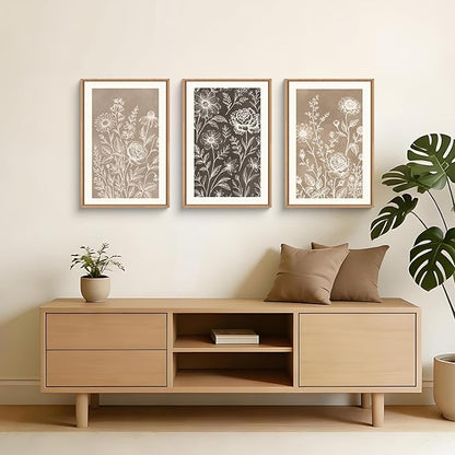 Neutral Boho Flower Framed Canvas Wall Art Set,Vintage Moody Rose Peony Daisy Wildflower Decor,Modern Natural Brown Black Floral Botanical Artwork for Living Room,Bedroom,Farmhouse-16 x24 x3