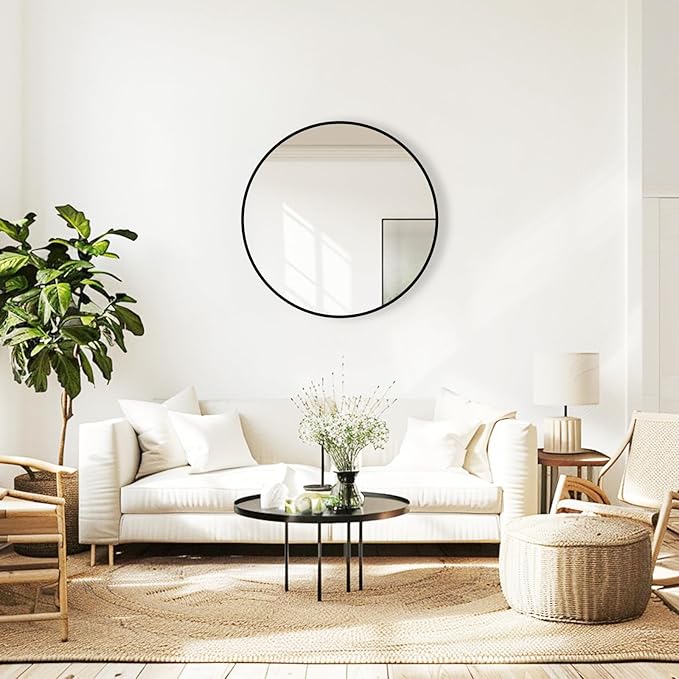 Round Wall Mirror, 20 inch Black Circle Mirror, Black Metal Frame Round Mirrors, Circle Wall Mounted Mirrors for Bathroom, Living Room, Bedroom, Entryway, Vanity