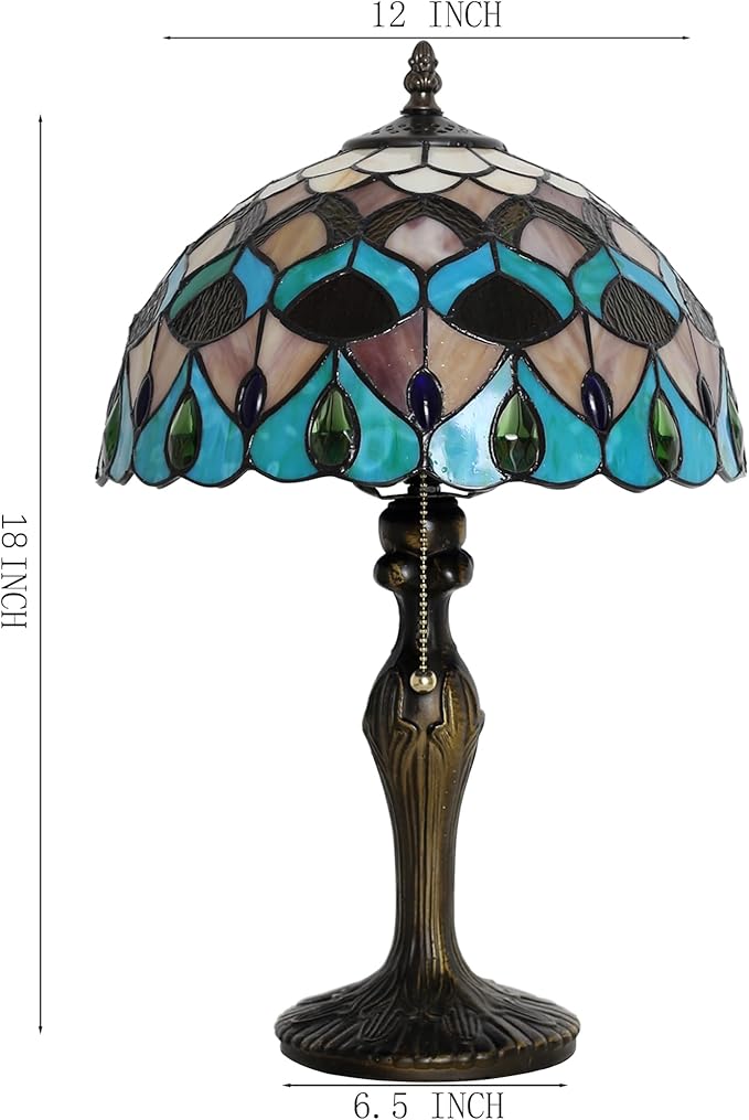 Tiffany Lamp Stained Glass Table Lamp Bedside Reading Lamp 12 x 19” Blue Phoenix Tail Style Decorative Lamp for Desk Study Living Room Bedroom Office Decor Gift