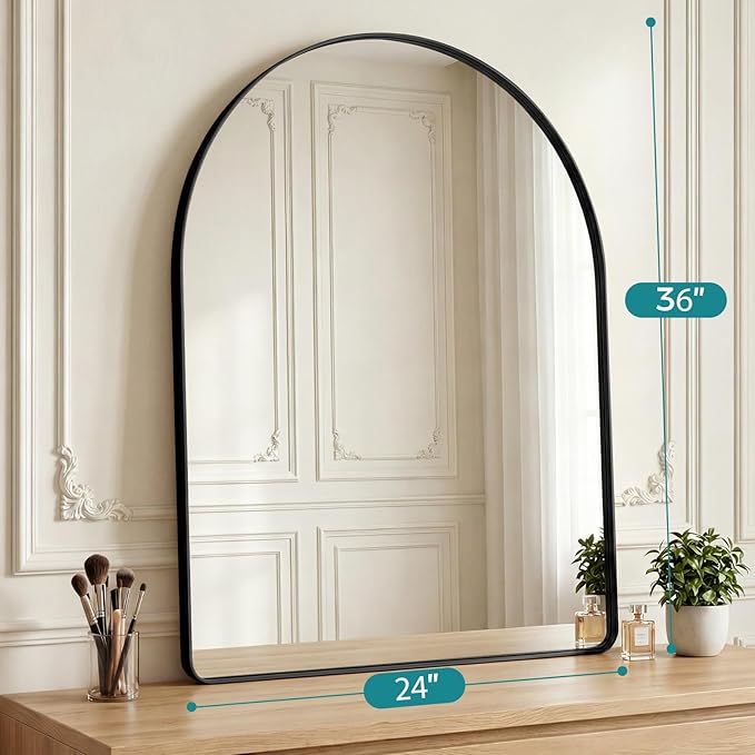 OLIXIS Arched Bathroom Mirror for Over Sink, 36x24 Inch Wall Mirror Arched Rounded Rectangle, Modern Wall Mount Vanity Mirror with Matte Metal Deep Framed, for Home Decor, Living Room, Black