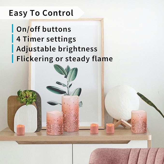 FURORA LIGHTING Pink Glitter Flameless Candles - Real Wax, Adjustable Brightness, Remote & Timer - 4 Pillars (3x4, 3x6) and 4 Votives, 8-Pack, Battery Operated