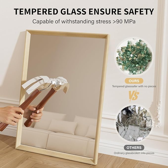 Oak Wood Effect Framed Wall Mirror, 24x36 Rectangle Mirror, Anti-desilvering Tempered Glass, Sustainable& Sturdy Frame, Farmhouse Mirror, Anti-Rust, 3min Fast Setup for Bathroom Living Room