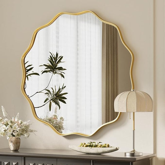 VooBang Gold Scalloped Circle Mirror, 30" Wavy Edge Round Wall Mirror with Tempered Glass Textured Circular Metal Deep Frame, Hanging Leaning for Bathroom, Hallway, Entryway, Livng Room
