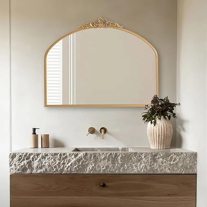 Gold Vintage Arched Wall Mirror 36x29 Antique Baroque Ornate Mirror with Carved Pattern Top and Metal Frame for Bathroom Living Room Entryway Fireplace Hallway