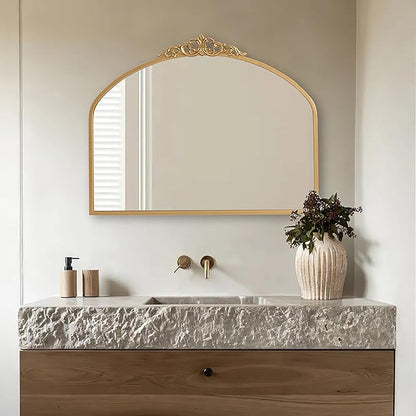 Gold Vintage Arched Wall Mirror 36x29 Antique Baroque Ornate Mirror with Carved Pattern Top and Metal Frame for Bathroom Living Room Entryway Fireplace Hallway