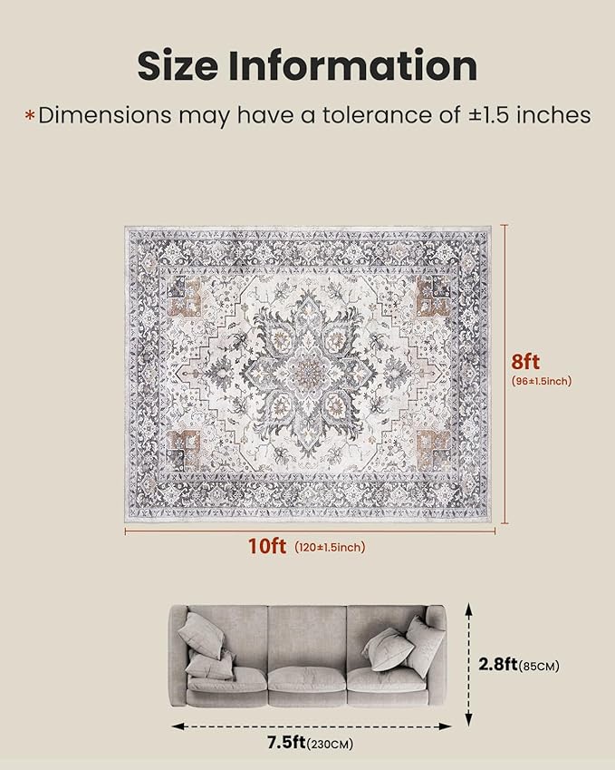 AMADA HOMEFURNISHING 8x10 Area Rugs, Low-Profile Large Washable Area Rug with Non-Slip Backing & Durable Edge Binding, Vintage Rugs for Living Room, Bedroom, Dinning Room