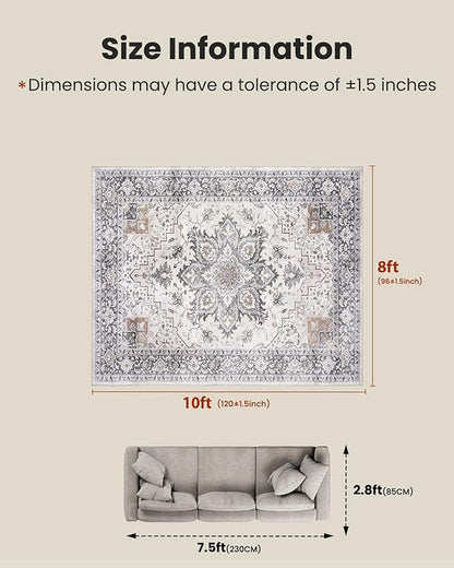 AMADA HOMEFURNISHING 8x10 Area Rugs, Low-Profile Large Washable Area Rug with Non-Slip Backing & Durable Edge Binding, Vintage Rugs for Living Room, Bedroom, Dinning Room