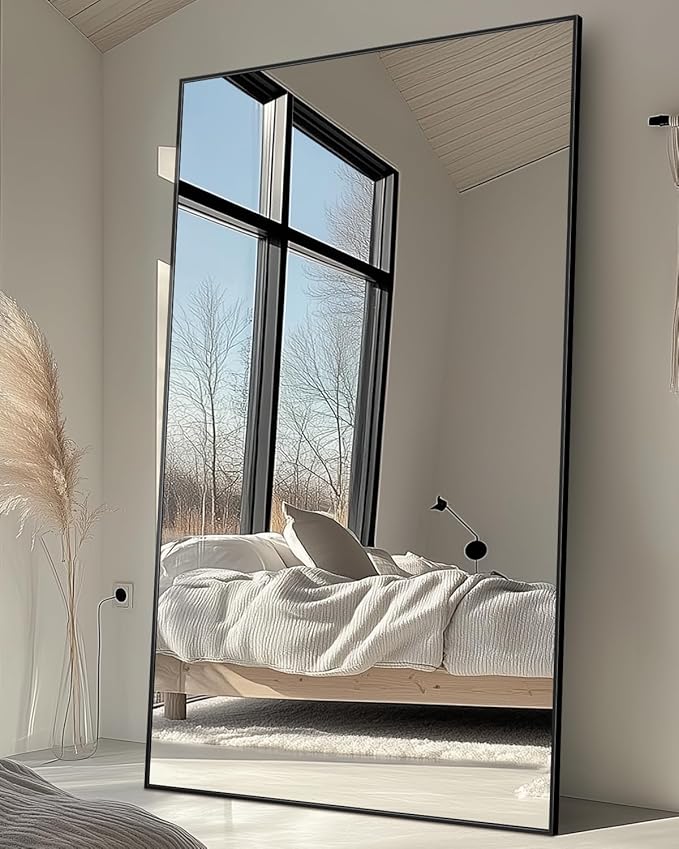 Antok Full Length Mirror, 86"x46" Oversized Floor Mirror Freestanding, Full Body Mirrors Floor Standing Mirror with Stand, Hanging Mounted Mirrors for Living Room Cloakroom,Black,Rect Style