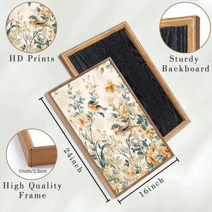 ANHUIB Large Neutral Floral Wall Art 16x24 Inch Beige Botanical Wall Decor Bird Painting Set of 3 for Living Room Bedroom Barhroom