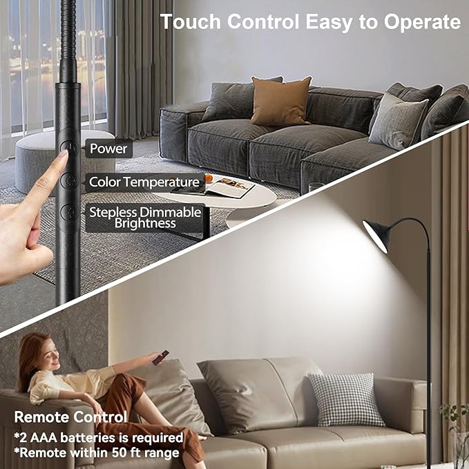 mukuxin 76" LED Floor Lamp, 18W/1800LM Super Bright Reading Standing Lamp,Stepless Dimmable&Adjustable Color Temperature 2700K-6500K w/Remote& Touch Control Lamps for Living Room Bedroom Office Black