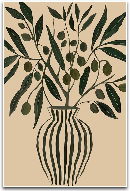 Olive Wall Art Boho Scandinavian Minimalist Modern Chic Trendy Ribbed Vase Olive Branch Neutral Earthy Tone Home Kitchen Living Room Entryway Calm Nature-Themed Stylish Decor 16x24 Inch Unframed