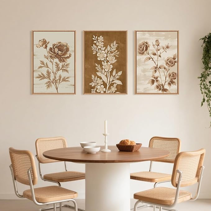 Vintage Botanical Floral Framed Canvas Print Wall Art Set,Retro Brown Rose Flowers Wall Decor,Nature Modern Elegant Poppy Boho Wildflower Artwork for Living Room,Bedroom,Office-16 x24 x3