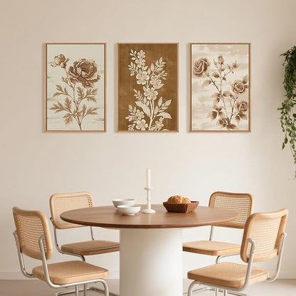 Vintage Botanical Floral Framed Canvas Print Wall Art Set,Retro Brown Rose Flowers Wall Decor,Nature Modern Elegant Poppy Boho Wildflower Artwork for Living Room,Bedroom,Office-24 x36 x3