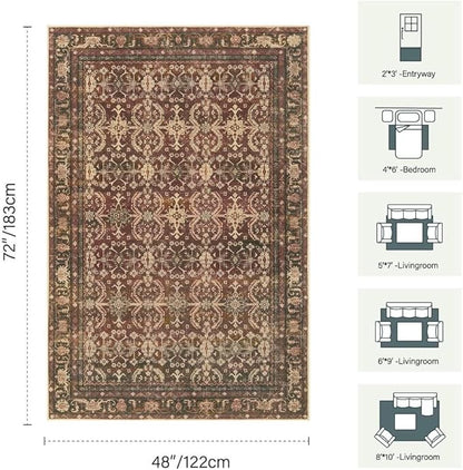 Rugxara Area Rugs for Living Room Bedroom, Washable Christmas Rug, Vintage Oriental Boho Rug, Non Slip & Low Pile Faux Wool Thin Accent Carpet for Indoor Dining Room, Kids Room and Office(Red 4x6ft)