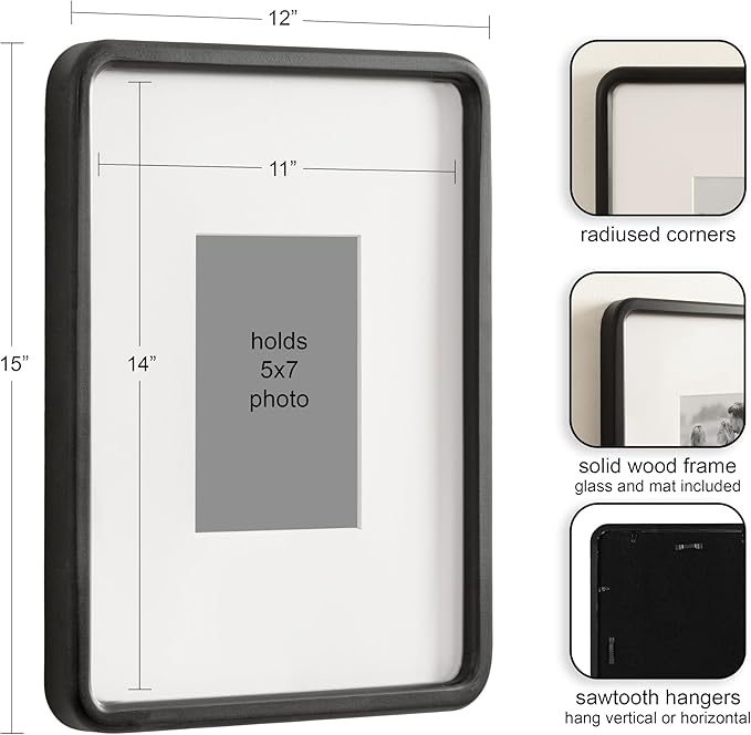 Kate and Laurel Inglewood Modern Wall Picture Frame Set of 3; 11x14 matted to 5x7; Black; Three-Piece Frame Set for Gallery Wall Accent Set in Living Room Decor
