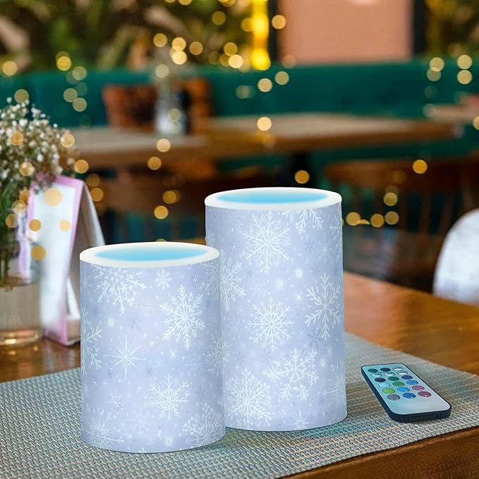 ALAZA Gray White Winter Snowflakes Christmas Flickering Flameless Candles Battery Operated with Remote Timer,Tea Light Candles LED Pillar Votive Candles Set of 2 for Outdoor Indoor Decorations