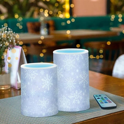 ALAZA Gray White Winter Snowflakes Christmas Flickering Flameless Candles Battery Operated with Remote Timer,Tea Light Candles LED Pillar Votive Candles Set of 2 for Outdoor Indoor Decorations