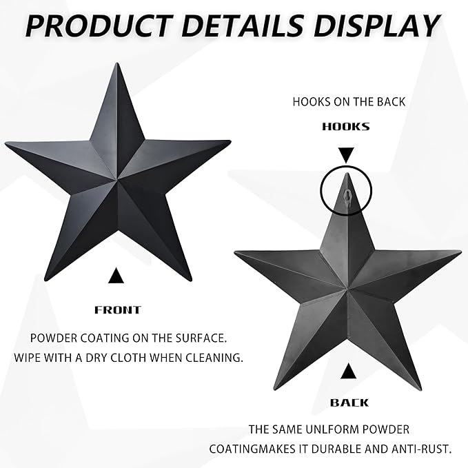 VIVICOMFY 15.5' Black Barn Star Wall Decor, Metal Stars for Outside Rustic Vintage Western Country Farmhouse Home Decoration, Texas Stars for House Wall Art (Set of 2)