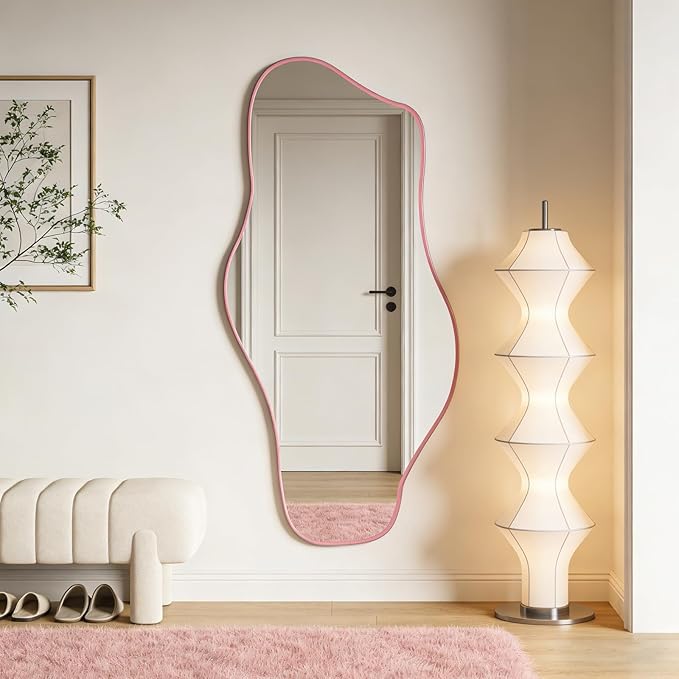 Irregular Tempered Glass Mirror, 47.2"x24" Pink Asymmetrical Aesthetic Wall Mirror, Modern Organic Shape Frameless Mirrors for Living Room Hallway Entryway, Horizontal or Vertical Hanging