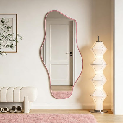 Irregular Tempered Glass Mirror, 47.2"x24" Pink Asymmetrical Aesthetic Wall Mirror, Modern Organic Shape Frameless Mirrors for Living Room Hallway Entryway, Horizontal or Vertical Hanging