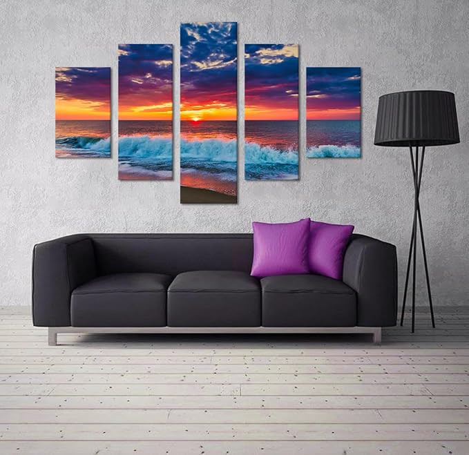 Ocean Wall Art 5 Panel Beach Poster Sunset Landscape Pictures HD Print on Canvas Framed Cityscape Artwork for Living Room Kitchen Bathroom Wall Decorations Stretched Ready to Hang - 60" W x 40" H