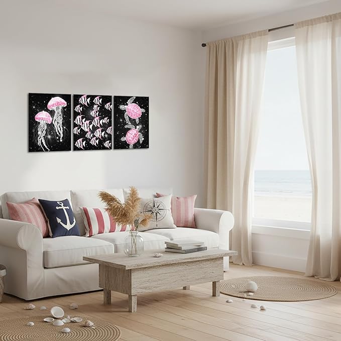 sechars Ocean Sea Life Wall Art Jellyfish Tropical Fish and Sea Turtles Pictures Modern Bathroom Nautical Decor (Pink)