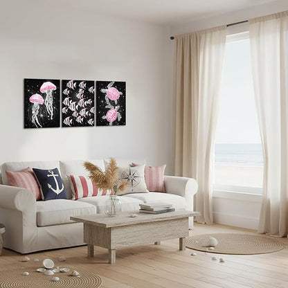 sechars Ocean Sea Life Wall Art Jellyfish Tropical Fish and Sea Turtles Pictures Modern Bathroom Nautical Decor (Pink)