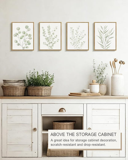 Drsoum Botanical Plant Framed Wall Art Boho Wall Decor for Bathroom Sage Green Eucalyptus Leaf Prints Minimalist Aesthetic Ready to Hang Set of 4, 8x10 in (Natural Framed)