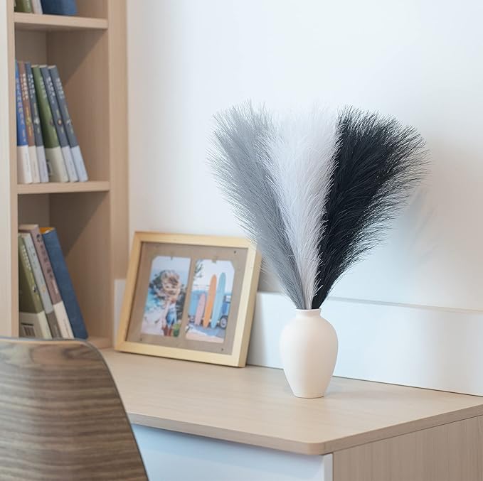 Faux Pampas Grass Decor, 18"/45cm Artificial Pampas Grass Fluffy 6 Stem pompous Flower Arrangement for Boho Home Wedding Decoration (Black,White,Grey)