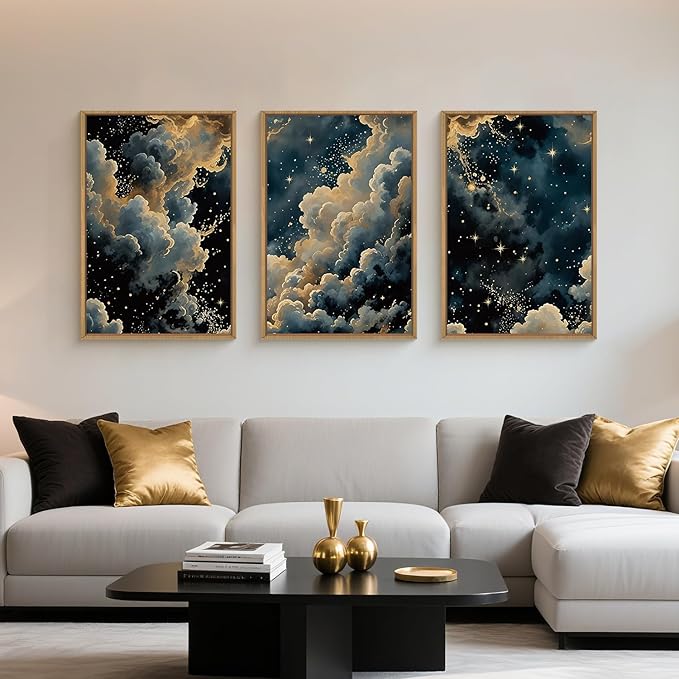 HPNIUB Dreamy Starry Night Sky Framed Wall Art Set,Moody Celestial Wall Decor,Modern Abstract Manimalist Gothic Printing,Natural Stars Illustrations Artwork for Living Room, Bedroom,Office-16''x24''x3