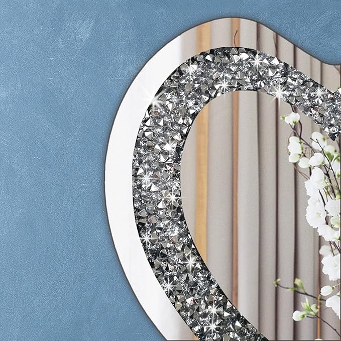 DMDFIRST Crystal Crush Diamond Heart Shaped Silver Mirror for Wall Decoration 24x24x1 inch Wall Hang Frameless Mirror Acrylic Diamond Décor.