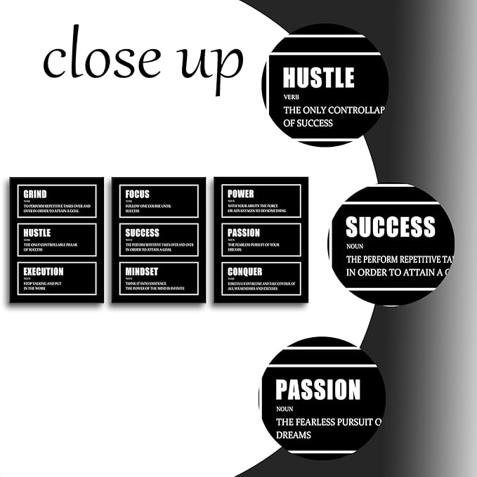 Hustle Success Passion Motivational Canvas Wall Art 3 Pieces Inspirational Painting Prints Entrepreneur Quotes Grind Posters Prints Black Wall Decor for Office Bedroom Workplace Framed [36''W X 16''H]