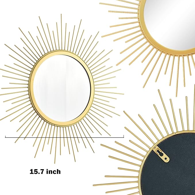 3 Set Sunburst Mirrors for Wall Decor Living Room Bedroom Bathroom Dining Room Metal Boho Sunburst Wall Mirror Set Gold Metal Vintage Circle Art Pack - Gold 15.7 in