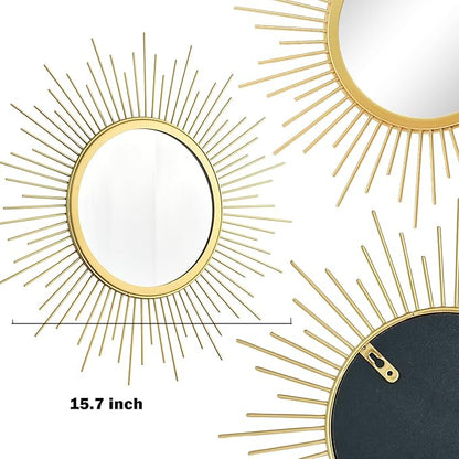 3 Set Sunburst Mirrors for Wall Decor Living Room Bedroom Bathroom Dining Room Metal Boho Sunburst Wall Mirror Set Gold Metal Vintage Circle Art Pack - Gold 15.7 in