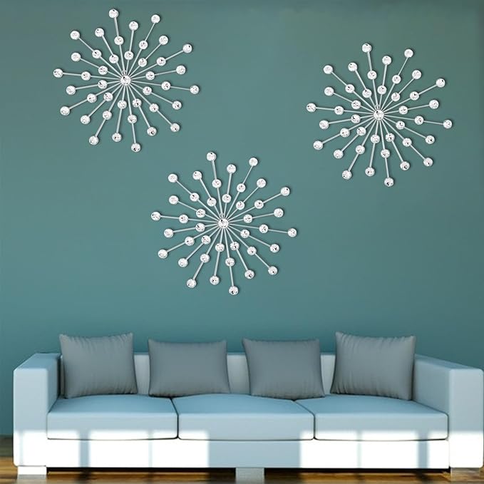 DXYAKY Set of 3 Modern Starburst Wall Decor, Metal Wall Sculpture with Crystal Accents, Silver 3D Wall Art for Living Room, Bedroom & Home, Elegant Hanging Wall Decoration