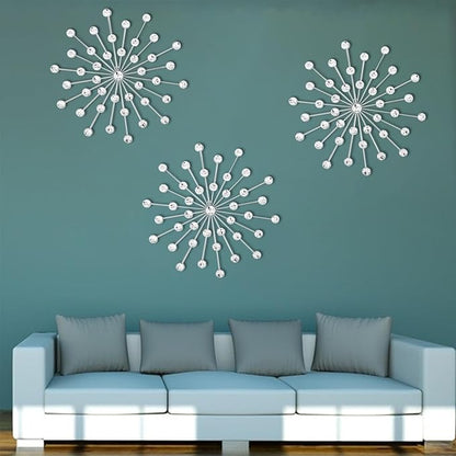 DXYAKY Set of 3 Modern Starburst Wall Decor, Metal Wall Sculpture with Crystal Accents, Silver 3D Wall Art for Living Room, Bedroom & Home, Elegant Hanging Wall Decoration