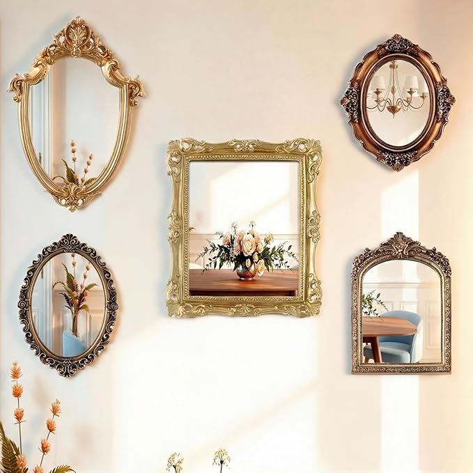 Wonderjune 5 Pcs Vintage Mirrors for Wall Decor Gold Antique Resin Frame Oval Rectangle Mirror for Home Decor Photography Props Gifts (Ornate Style)