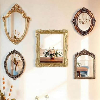 Wonderjune 5 Pcs Vintage Mirrors for Wall Decor Gold Antique Resin Frame Oval Rectangle Mirror for Home Decor Photography Props Gifts (Ornate Style)