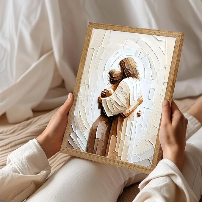 Framed Jesus Hugging Woman Canvas Wall Art God & Girl Wall Decor Safe in His Arms Pictures Modern Christian Healing Embrace Mormon Prints Posters Artwork for Living & Prayer Room Bedroom Decor 12x16in