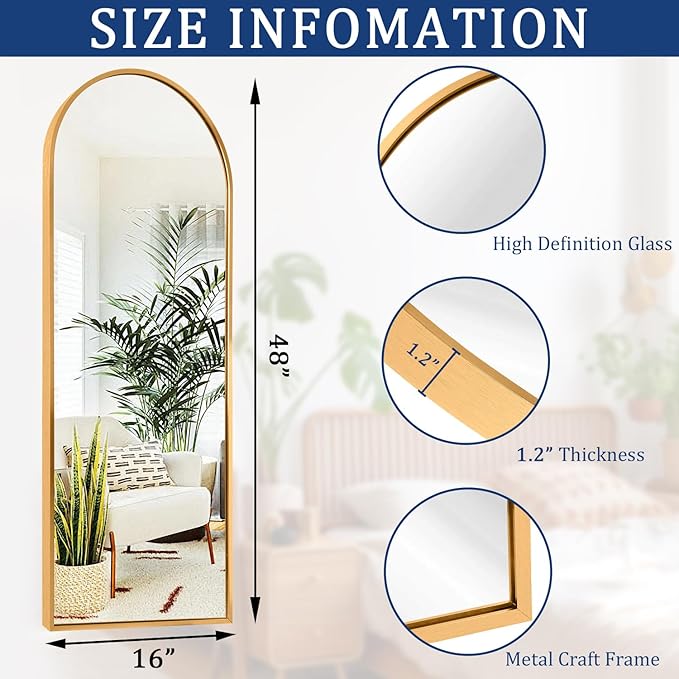 Wall Mirror Full Length Metal Aluminum Framed Floor Mirror 48"x12" Arched Large Full Body Mirror for Bedroom Living Room Entryway Dressing Room Gold