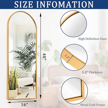 Wall Mirror Full Length Metal Aluminum Framed Floor Mirror 48"x12" Arched Large Full Body Mirror for Bedroom Living Room Entryway Dressing Room Gold