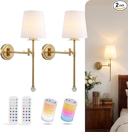 CLOUDY BAY 10000mAh Battery Operated Wall Sconces,Up to 100 Hours with Rechargeable RGB Dimmable Magnetic Bulb,Cordless Wall Lighting Fixtures with Remote for Bedroom,Soft Gold,2 Pack-18.6inch