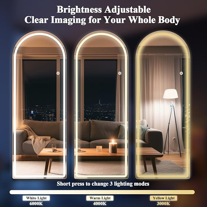 Arch LED Mirror Full Length - 26" x 71" Arched Top Rounded Corners Floor Full Body Mirror with 3 Color Lights Brightness Adjustable, Standing Leaning for Bedroom, Dressing Room, White