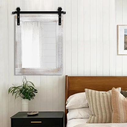 AAZZKANG Wall Mirrors Rustic Barn Door Mirror Large 26"x18" with Wood Framed Rectangle Decorative for Bedroom Bathroom Living Room Entryway Home Decor White