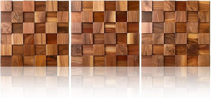 RattanView 3 Pcs 3D Wood Wall Art 11.8'' x 11.8'' Rugged Mosaic Wood Wall Decor Rustic Block Wooden Wall Art Vintage Brick Carved Wall Art for Living Room Bedroom Aesthetic, Ready to Hang