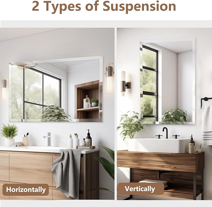 22x30 Inch Rectangle Frameless Mirror, Beveled Bathroom Mirror, Frameless Wall Mirror with 1" Beveled Edge for Bathroom Vanity, Entryway, Living Room