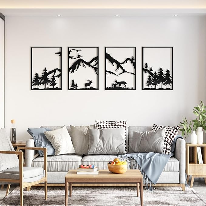 LONGKING 4 Pack Metal Wall Art, Mountain Iron Wall Sculpture, Art Wall Décor for Office, Dining Room, Living Room, Bedroom (Black, 17 x 12 in)